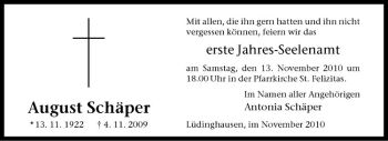 Todesanzeige von August Schäper von Westfälische Nachrichten