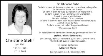 Todesanzeige von Christine Stehr von Westfälische Nachrichten