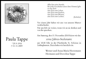 Todesanzeige von Paula Tappe von Westfälische Nachrichten