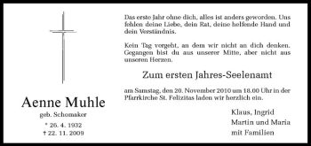 Todesanzeige von Aenne Muhle von Westfälische Nachrichten