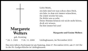 Todesanzeige von Magarete Welters von Westfälische Nachrichten