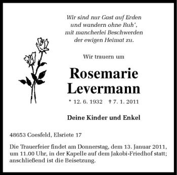 Todesanzeige von Rosemarie Levermann von Westfälische Nachrichten