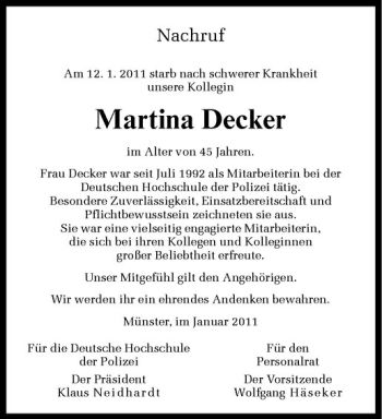 Todesanzeige von Martina Decker von Westfälische Nachrichten