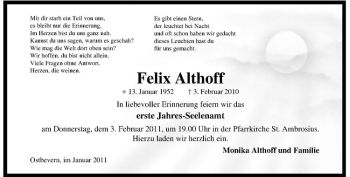 Todesanzeige von Felix Althoff von Westfälische Nachrichten