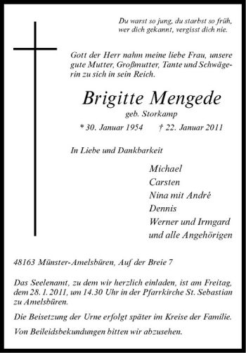 Todesanzeige von Brigitte Mengede von Westfälische Nachrichten