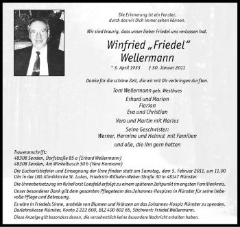 Todesanzeige von Winfried Wellermann von Westfälische Nachrichten