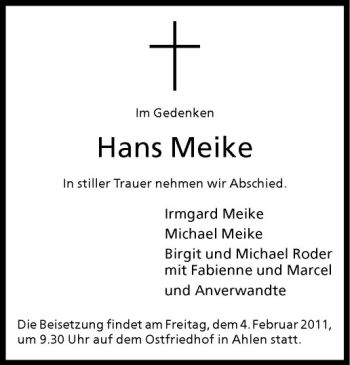 Todesanzeige von Hans Meike von Westfälische Nachrichten