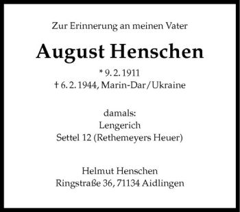 Todesanzeige von August Henschen von Westfälische Nachrichten