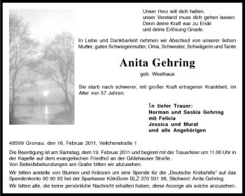 Todesanzeige von Anita Gehring von Westfälische Nachrichten