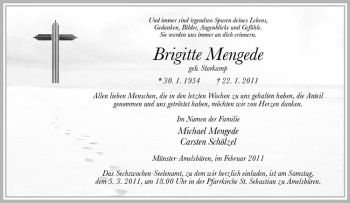Todesanzeige von Brigitte Mengede von Westfälische Nachrichten