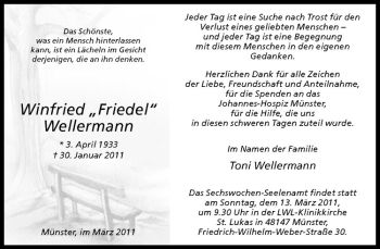 Todesanzeige von Winfried Wellermann von Westfälische Nachrichten