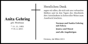 Todesanzeige von Anita Gehring von Westfälische Nachrichten