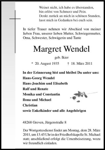 Todesanzeige von Margret Wendel von Westfälische Nachrichten