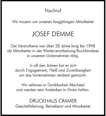 Todesanzeige von Josef Demme von Westfälische Nachrichten