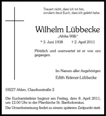 Todesanzeige von Wilhelm Lübbecke von Westfälische Nachrichten
