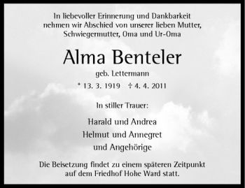 Todesanzeige von Alma Benteler von Westfälische Nachrichten
