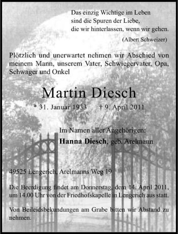 Todesanzeige von Martin Diesch von Westfälische Nachrichten
