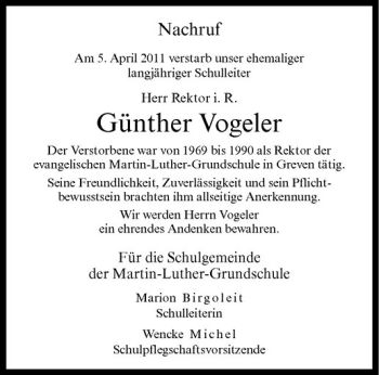 Todesanzeige von Günther Vogeler von Westfälische Nachrichten