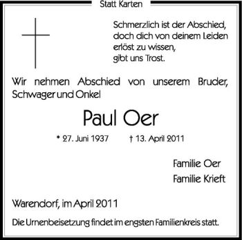 Todesanzeige von Paul Oer von Westfälische Nachrichten