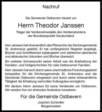 Todesanzeige von Theodor Janssen von Westfälische Nachrichten