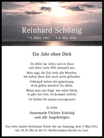 Todesanzeige von Reinhard Schönig von Westfälische Nachrichten