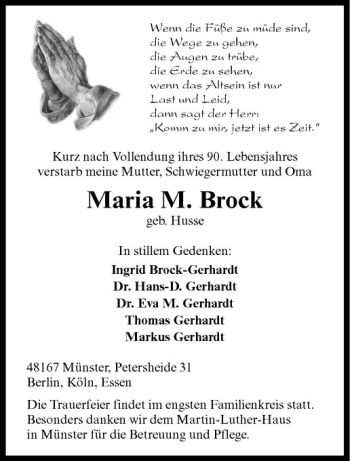 Todesanzeige von Maria Brock von Westfälische Nachrichten