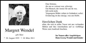 Todesanzeige von Margret Wendel von Westfälische Nachrichten