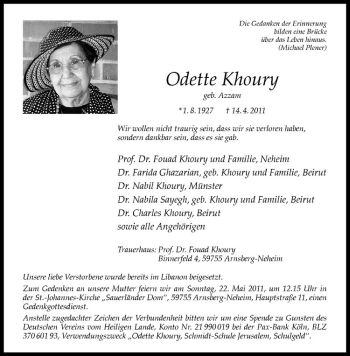 Todesanzeige von Odette Khoury von Westfälische Nachrichten