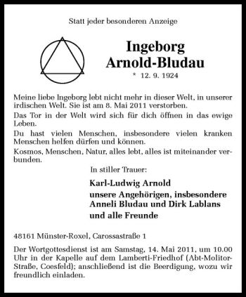Todesanzeige von Ingeborg Arnold-Bludau von Westfälische Nachrichten