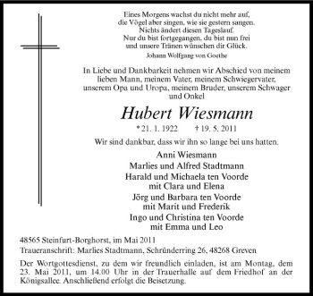 Todesanzeige von Hubert Wiesmann von Westfälische Nachrichten