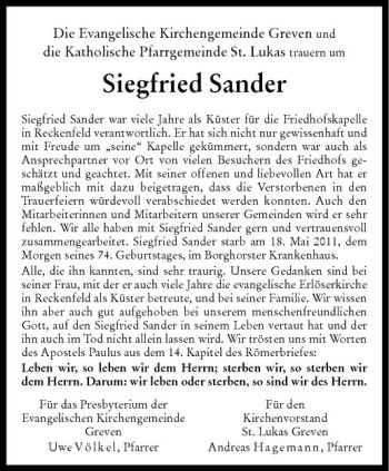Todesanzeige von Siegfried Sander von Westfälische Nachrichten