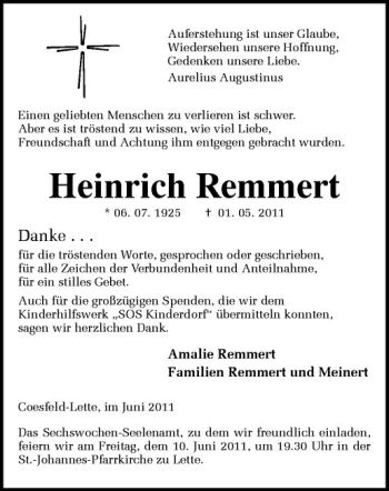 Todesanzeige von Heinrich Remmert von Westfälische Nachrichten