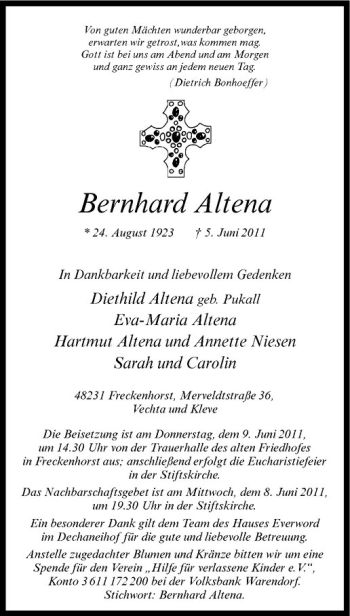 Todesanzeige von Bernhard Altena von Westfälische Nachrichten