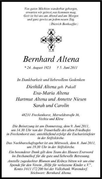 Todesanzeige von Bernhard Altena von Westfälische Nachrichten