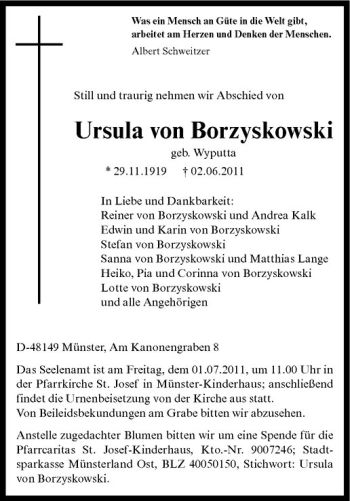 Todesanzeige von Ursula von Borzyskowski von Westfälische Nachrichten