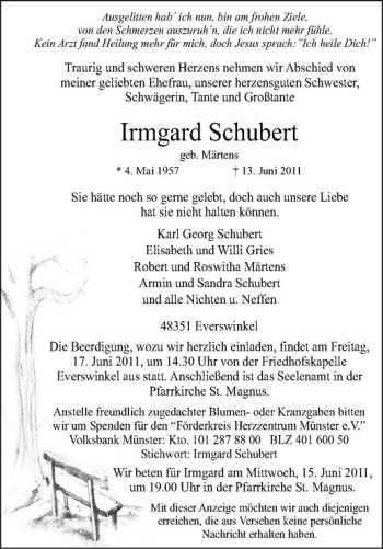 Todesanzeige von Irmgard Schubert von Westfälische Nachrichten