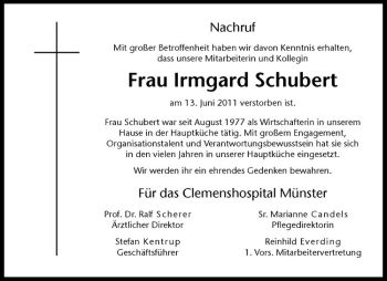Todesanzeige von Irmgard Schubert von Westfälische Nachrichten