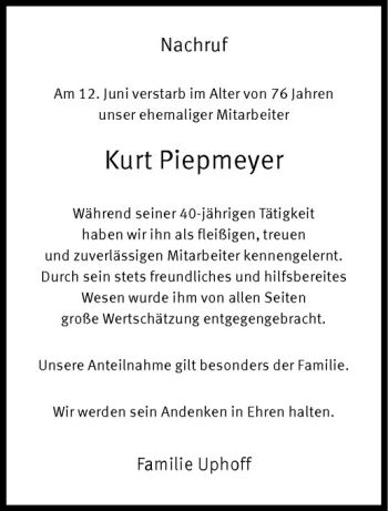 Todesanzeige von Kurt Piepmeyer von Westfälische Nachrichten