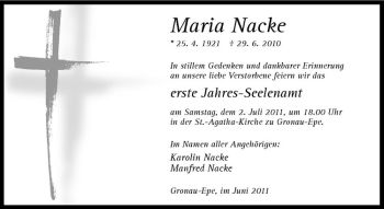 Todesanzeige von Maria Nacke von Westfälische Nachrichten