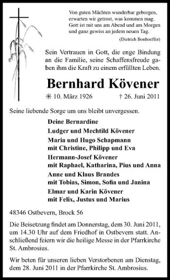 Todesanzeige von Bernhard Kövener von Westfälische Nachrichten