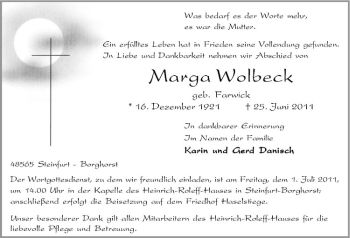 Todesanzeige von Marga Wolbeck von Westfälische Nachrichten
