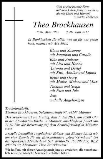 Todesanzeige von Theo Brockhausen von Westfälische Nachrichten
