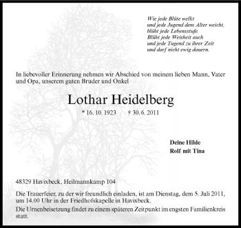 Todesanzeige von Lothar Heidelberg von Westfälische Nachrichten