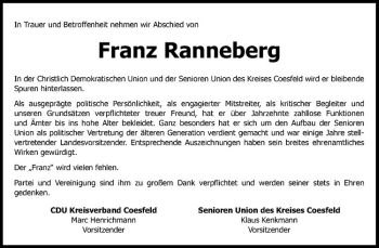 Todesanzeige von Franz Ranneberg von Westfälische Nachrichten
