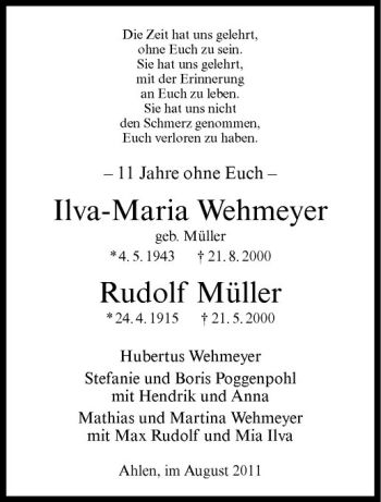 Todesanzeige von Ilva-Maria Wehmeyer von Westfälische Nachrichten