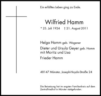 Todesanzeige von Wilfried Hamm von Westfälische Nachrichten