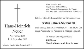 Todesanzeige von Hans-Heinrich Neuer von Westfälische Nachrichten