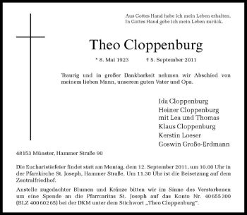 Todesanzeige von Theo Cloppenburg von Westfälische Nachrichten