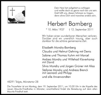 Todesanzeige von Herbert Bamberg von Westfälische Nachrichten