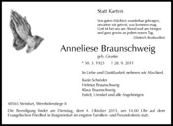 Todesanzeige von Anneliese Braunschweig von Westfälische Nachrichten